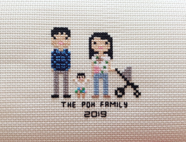 New Baby Cross Stitch Family Portrait in Pixel Art Style Framed image 1