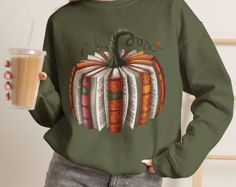 Herfsttrui | Trui voor boekenliefhebbers | Trui met pompoenen en boeken | Trui met ronde hals voor de herfstlezer | Comfortabele leestrui | Cadeau voor boekenwurm