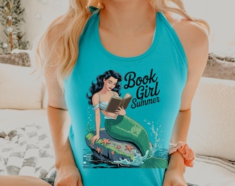 Book Girl Summer Tank Mermaid Reading Tank Booktok Gift for Reader Beach Reading Outfit Book Lover Tank Womens Tank Top