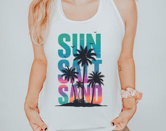 Beach Tank Top Women | Tropical Palm Tree Tank | Summer Vacation Racerback | Coastal Beach Outfit | Ocean Lover Gift | Next Level 1533