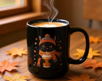 Kaffeetasse mit schwarzer Katze | Gemütliche Herbsttasse | Kaffeetasse für Katzenliebhaber | Herbsttasse | Niedliche Halloween-Tasse | Schwarze Keramiktasse