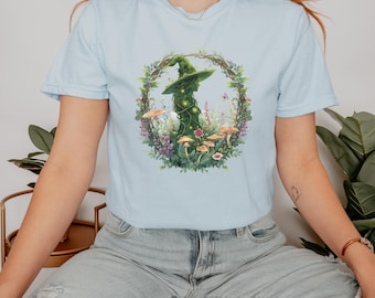 Chemise verte sorcière Cottagecore | T-shirt forêt de champignons botaniques