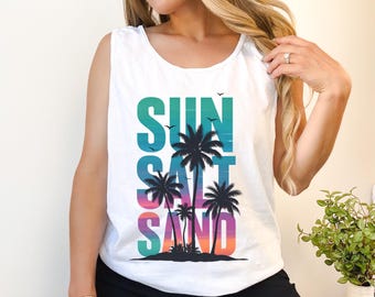 Camiseta sin mangas de verano con estampado costero / Camiseta con estampado vacacional / Ropa de resort tropical / Idea de regalo para amantes del océano / Estética de palmeras / Colores cómodos 9360