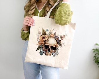 Floral Skull Canvas Tote in Natural | Gothic Botanical Flowers Bag | Dark Academia Aesthetic Tote | Soft Goth Style Gift | Witchy Book Bag