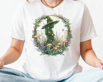 Chemise verte botanique sorcière | T-shirt à motif champignon Cottagecore