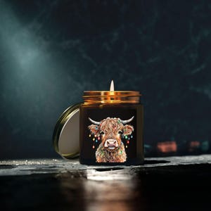 Christmas Highland Cow Candle | Cute Farmhouse Holiday Decor | Rustic Christmas Gift | Coconut Apricot Wax | Country Christmas Candle