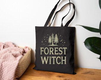 Forest Witch Tote Bag | Black Canvas | Woodland Witch Bag | Nature Magic Market Tote | Cottagecore Pagan Gift | Moon & Pines Design