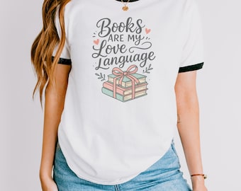 本好きTシャツ｜本は私の愛の言語Tシャツ｜ロマンス小説好きTシャツ｜読書好きグラフィックTシャツ｜読書家へのギフト｜本の虫Tシャツ