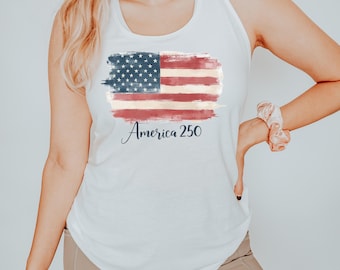 America 250-tanktop | Patriottische racerback-tanktop | Shirt met aquarel Amerikaanse vlag | Retro Amerikaanse zomertanktop | 2026