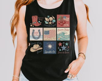 Camiseta sin mangas estilo vaquera costera / Camiseta sin mangas con colores patrióticos / Camiseta sin mangas retro americana de verano / Camiseta con estampado playero del oeste