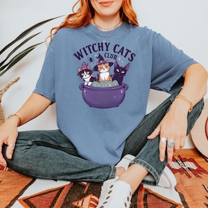 Witchy Cats Club Comfort Colors Tee: Spooky Halloween Graphic T-Shirt