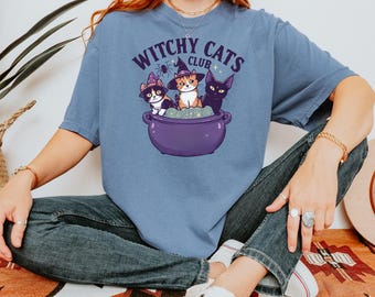 T-shirt Club des Chats Sorciers | T-shirt Chat Sorcière Mignon | T-shirt Chat Halloween | Cadeau pour les amoureux des chats | Witchcore Comfort Colors 1717 | T-shirt Saison des Frissons