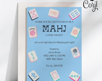 Mahjong Game Night Invitation Template, Mahj All Day Invite, Modern Mahjong Girls Night, Colorful Mahjong Tile Party, Chinoiserie Game Night