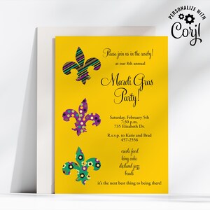 May include: A yellow Mardi Gras party invitation with fleur-de-lis designs in green, purple, and black. The invitation includes event details such as date, time, and location, with the text "Mardi Gras Party!"