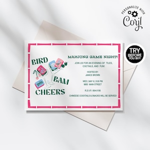以下が含まれることがあります： ピンクの竹風の縁取りが付いた白い招待状。カードには「Mahjong Game Night!」の文字と、麻雀牌の装飾的なカクテルグラスが描かれています。招待状にはイベントの詳細とRSVP情報が含まれています。