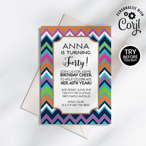 May include: A colorful birthday invitation with a chevron pattern in orange, pink, blue, and green. The invitation reads "ANNA IS TURNING Forty!" and includes event details. A white envelope is partially visible.