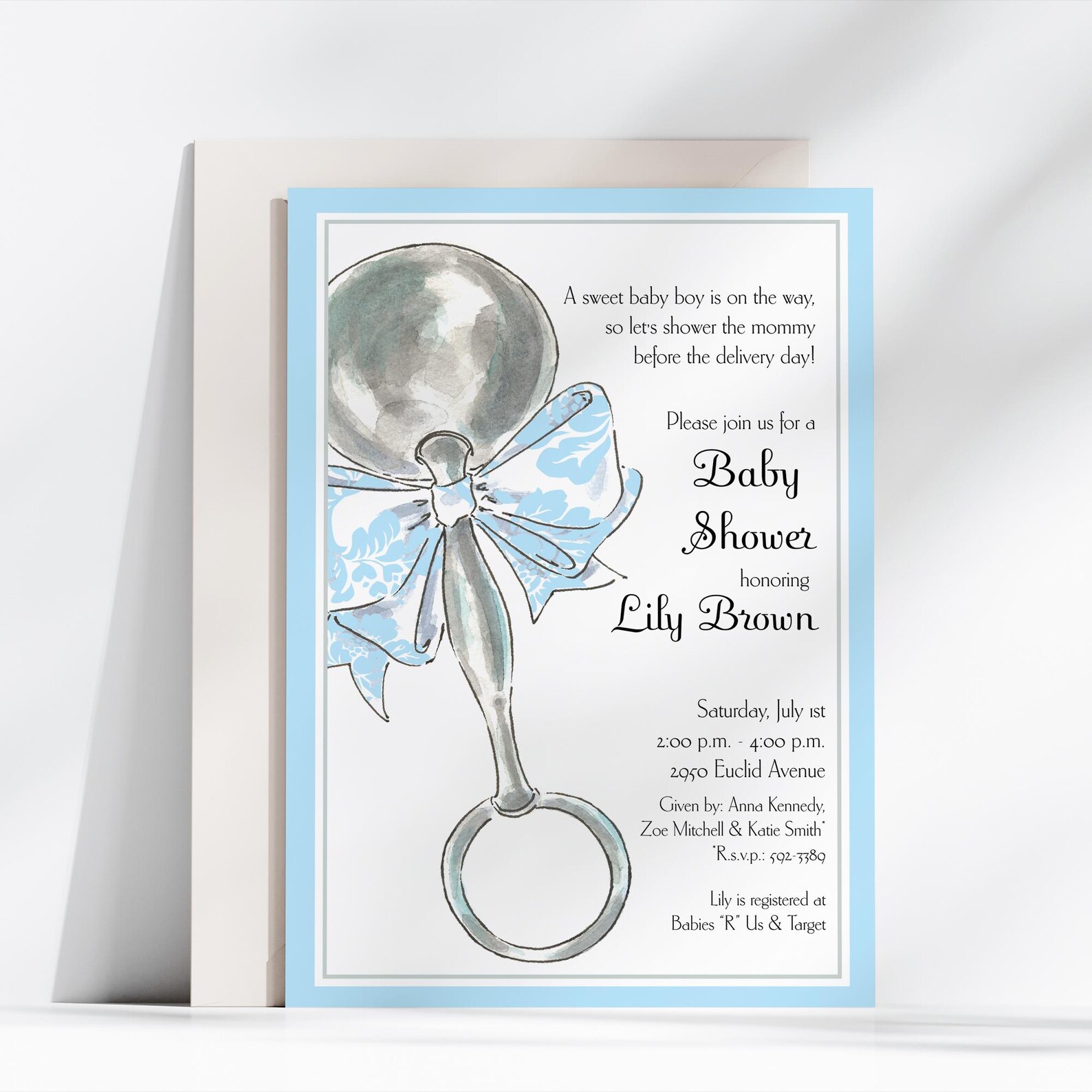 Silver Rattle Invitation Blue Baby Rattle Baby Shower Invitation, Watercolor Boy Baby Shower ...
