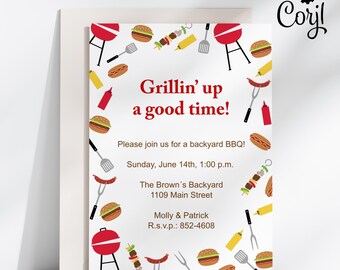Mall för inbjudan till grillfest i trädgården, sommarinbjudan till grillning och avkoppling, återförening av hamburgare och varmkorv, röd och gul grillfest