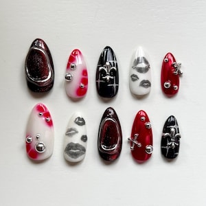 red & black punk nail press-on set