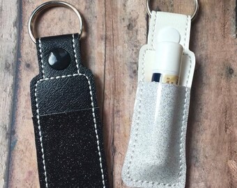 Lip Balm Holder Key Chain, Key Fob, Black or White Glitter