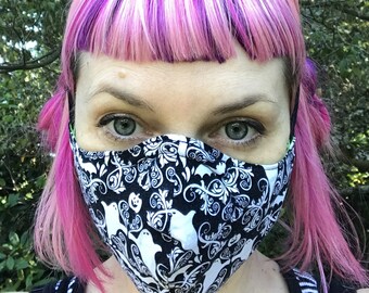 Halloween Ghost, Bat, Pumpkin Swirls black and white Mask, unisex men women adult & kid, 2 layer cotton shaped pocket w/filter, nose wire