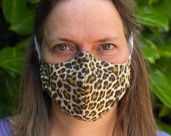 Leopard Skin Masks for Adults & Teens, Ladies and Men, 2 layer kitty printed cotton shaped, pocket w/ filter, nose wire, washable reusable