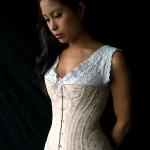 Victorian Corset c. 1880 Alice in Pastel Rose Brocade Coutil, spoon busk front opening back lacing hourglass curvy bridal elegant historical