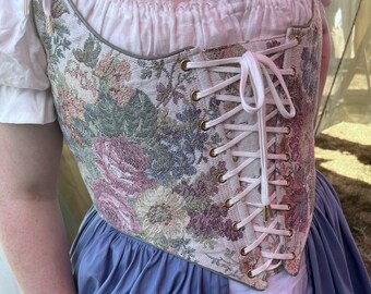 Cottagecore Pastel Rose Floral Tapestry Renaissance Festival Corset, front  lacing Ren Faire Costume Wench Bodice made to measure custom