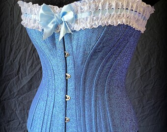 Blue Silk & Lace Victorian Corset Ready Made, c. 1880 Alice, Steel Spoon Busk front closure, Steel Boned Historical Hourglass small - medium