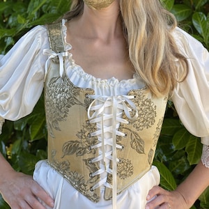 Gold Floral Ren Faire Corset Bodice, front and back lacing Renaissance Festival Wench Costume made to measure custom size