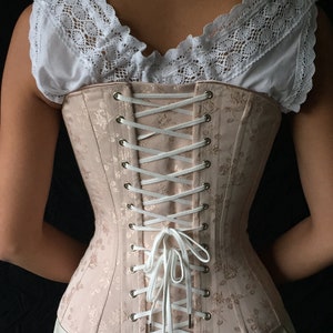 Victorian Corset c. 1880 Alice in Pastel Rose Brocade Coutil, spoon busk front opening back lacing hourglass curvy bridal elegant historical image 5