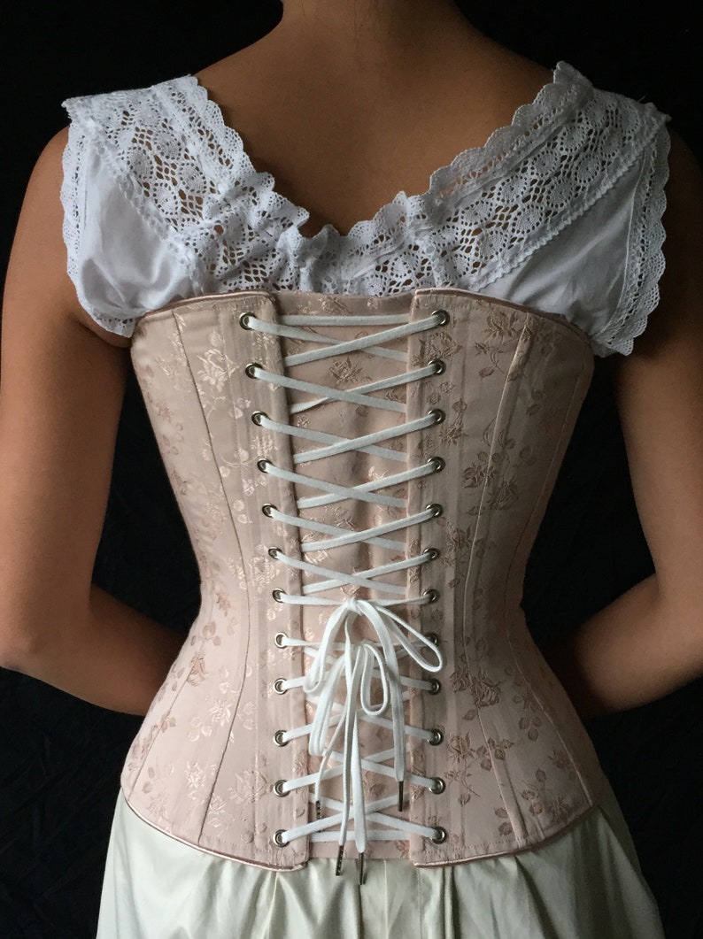Victorian Corset c. 1880 Alice in Pastel Rose Brocade Coutil, spoon busk front opening back lacing hourglass curvy bridal elegant historical image 5