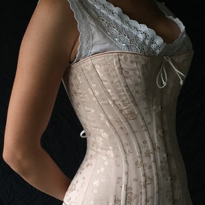 Victorian Corset c. 1880 Alice in Pastel Rose Brocade Coutil, spoon busk front opening back lacing hourglass curvy bridal elegant historical image 4