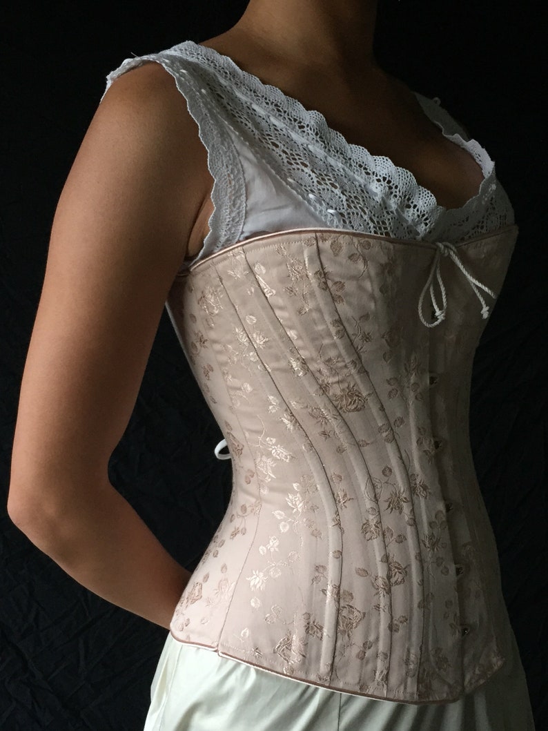Victorian Corset c. 1880 Alice in Pastel Rose Brocade Coutil, spoon busk front opening back lacing hourglass curvy bridal elegant historical image 4