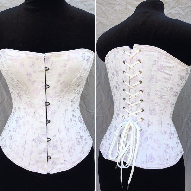 Victorian Corset c. 1880 Alice in Pastel Rose Brocade Coutil, spoon busk front opening back lacing hourglass curvy bridal elegant historical image 7