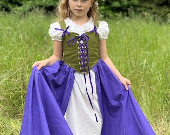 Kids Ren Faire Ensemble Costume Set Basic Reversible, Adjustable, sizes 5-12, your choice Kona Cotton, Renaissance Faire Festival Ruffled