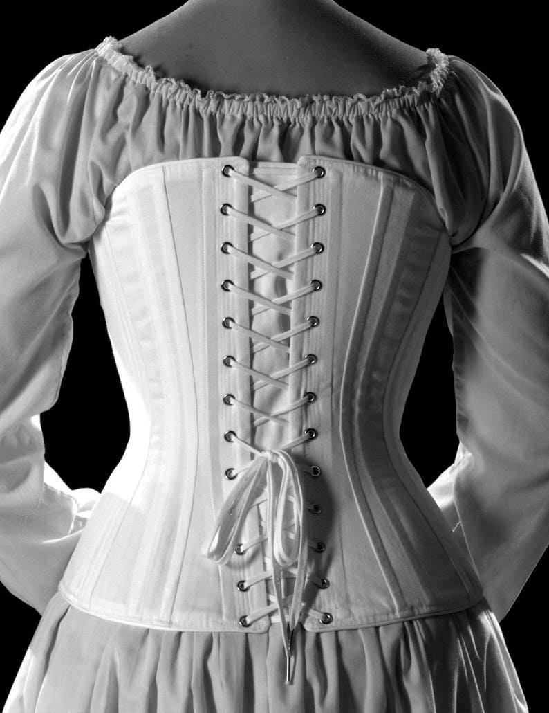Victorian Corset, c. 1880 Alice, Cotton Coutil Steel Spoon Busk front closure, tall Steel Boned Historical Hourglass small to plus size image 5