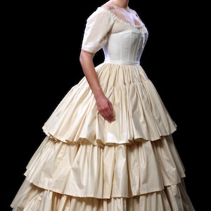 Civil War Ensemble Full Silhouette Set- c.1860 corset with front opening busk, 3 Ruffle Petticoat, Late 19th century hoop, all sizes