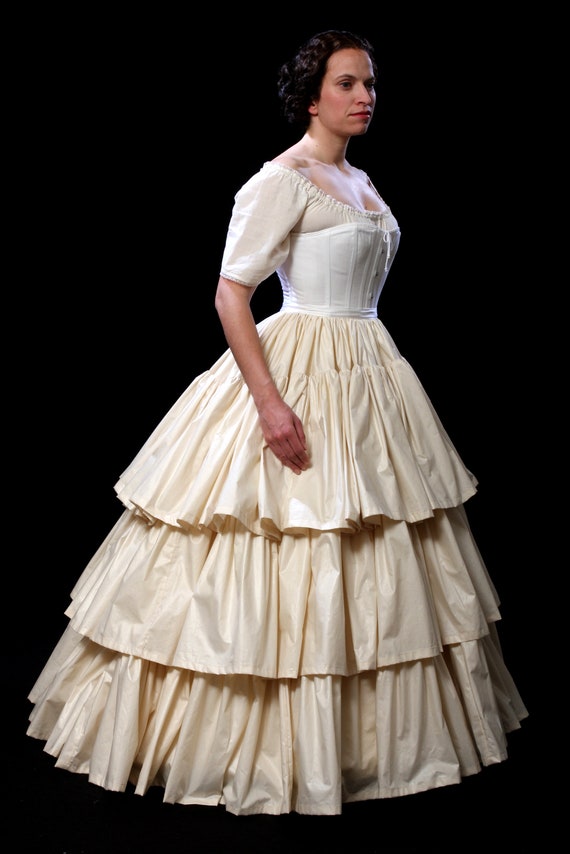 Civil War Ensemble Full Silhouette Set- c.1860 corset with front opening busk, 3 Ruffle Petticoat, Late 19th century hoop, all sizes