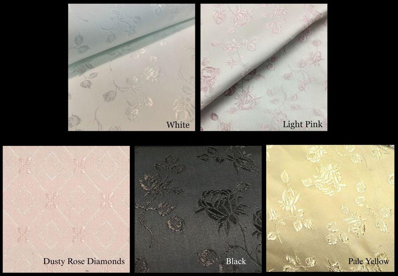 May include: A collection of five fabric swatches featuring floral and geometric patterns. The colors include white, light pink, dusty rose diamonds, black, and pale yellow. Each swatch displays a textured, woven design with rose motifs.