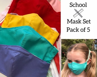 Back to School 5 Day Mask Set, Retro Rainbow, girls & boys 2 layer cotton shaped, pocket w/filter,nose wire, washable reusable free US ship