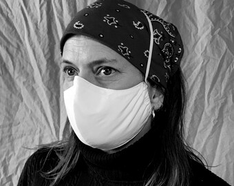 Protective Masks for Adults, 2 sizes, 2 layer white 100% cotton shaped,pocket with filters, nose wire,upcycled washable reusable ear elastic