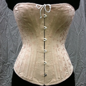 Victorian Corset c. 1880 Alice in Pastel Rose Brocade Coutil, spoon busk front opening back lacing hourglass curvy bridal elegant historical image 8
