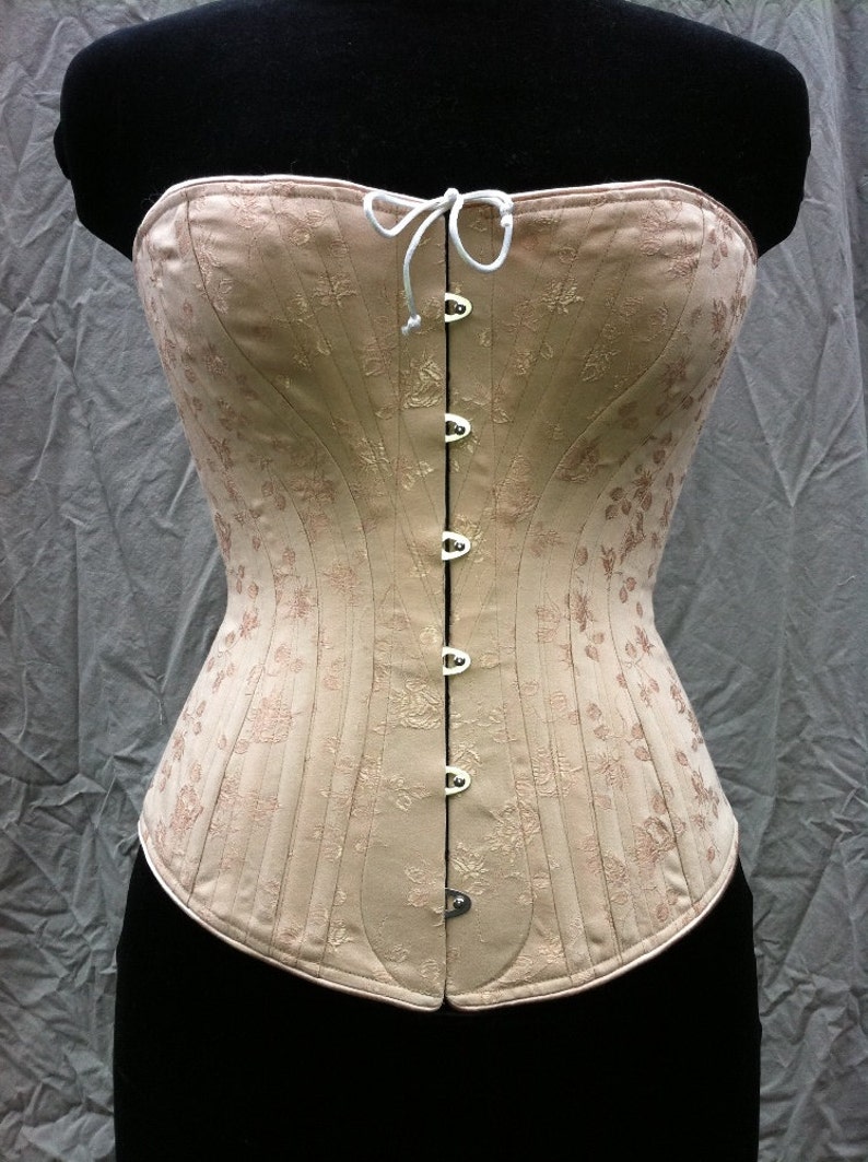 Victorian Corset c. 1880 Alice in Pastel Rose Brocade Coutil, spoon busk front opening back lacing hourglass curvy bridal elegant historical image 8