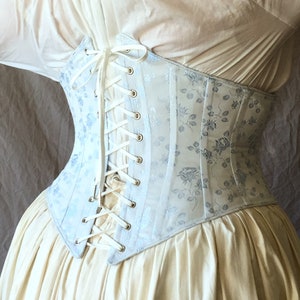 Brocade Victorian Underbust Corset, Waist Cinch Corset c. 1900 Lilly, center front busk closure, Waspie, small through plus size image 7