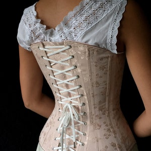 Victorian Corset c. 1880 Alice in Pastel Rose Brocade Coutil, spoon busk front opening back lacing hourglass curvy bridal elegant historical image 2