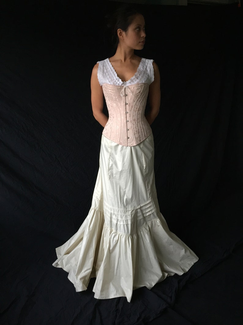 Victorian Lingerie History – Corset, Chemise, Petticoats, Underwear Victorian Late 19th Century Petticoat in Polished Cotton historic costume cosplay Steampunk skirt with slight train adjustable all sizes $442.00 AT vintagedancer.com