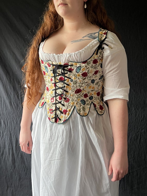 Cream Embroidered Silk 18th C. Marie Stays W/ Tabs