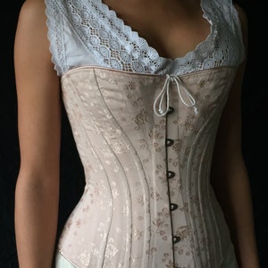 Victorian Corset c. 1880 Alice in Pastel Rose Brocade Coutil, spoon busk front opening back lacing hourglass curvy bridal elegant historical image 3