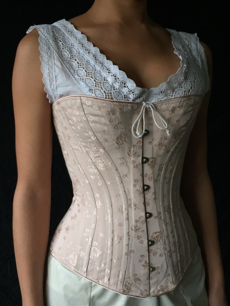 Victorian Corset c. 1880 Alice in Pastel Rose Brocade Coutil, spoon busk front opening back lacing hourglass curvy bridal elegant historical image 3